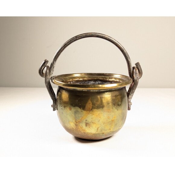 Antique Small Brass Handled Cauldron Planter or Cookware, brass mini cauldron, - Picture 1 of 10